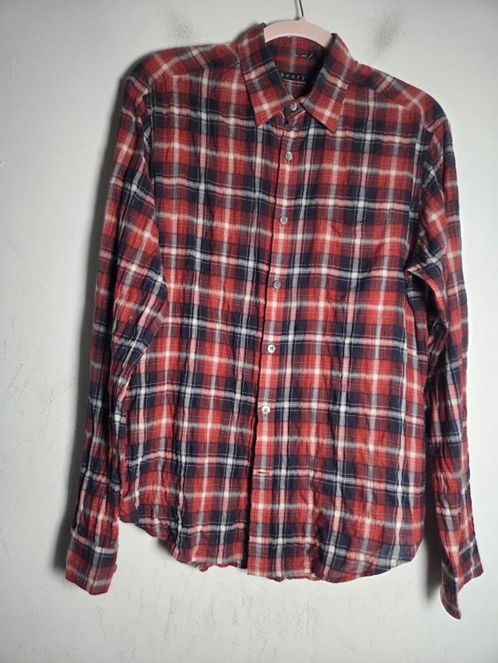 Theory Red Grey Blue Plaid Cotton Button Down Long Sleeve Blouse size Medium